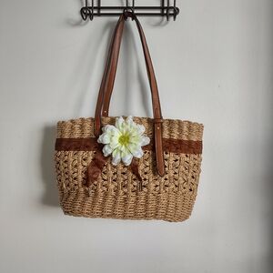 Elegant Tan Woven Tote Bag with Floral Accent